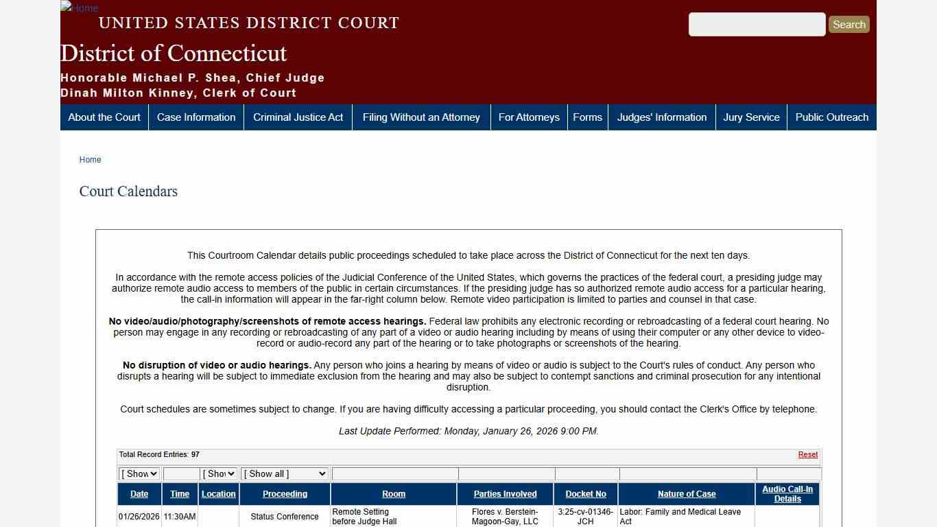 Court Calendars District of Connecticut United States District Court
